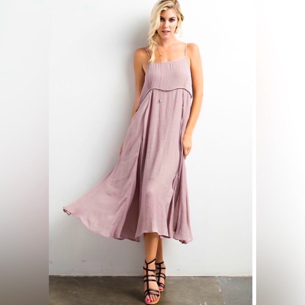 Wishlist Mauve Crinkle Fabric Adjustable Spaghetti Strap Midi Bohemian Med Dress - Picture 2 of 13